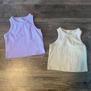 Set of 2 Basic Solid Rib-Knit Crop Sleeveless Racerback Crop (Purple and Tan)